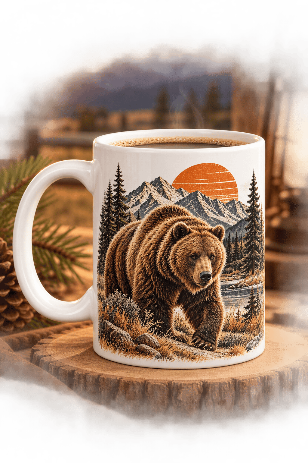 Bear Coffee Mug, Western Wildlife Mug, Rustic Mountain Bear Gift, Forest Sunset Ceramic Mug, 11 oz