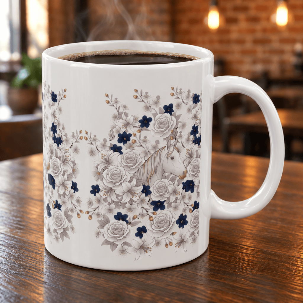 White Horse & Roses Floral Coffee Mug