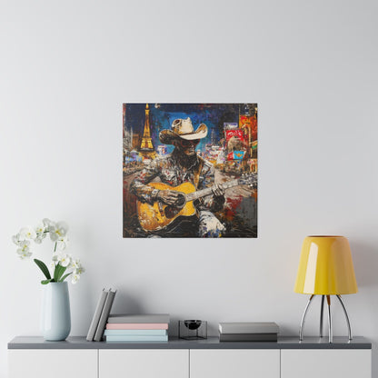 Matte Canvas, Stretched, 0.75"-Guitar Playing Cowboy with City in background