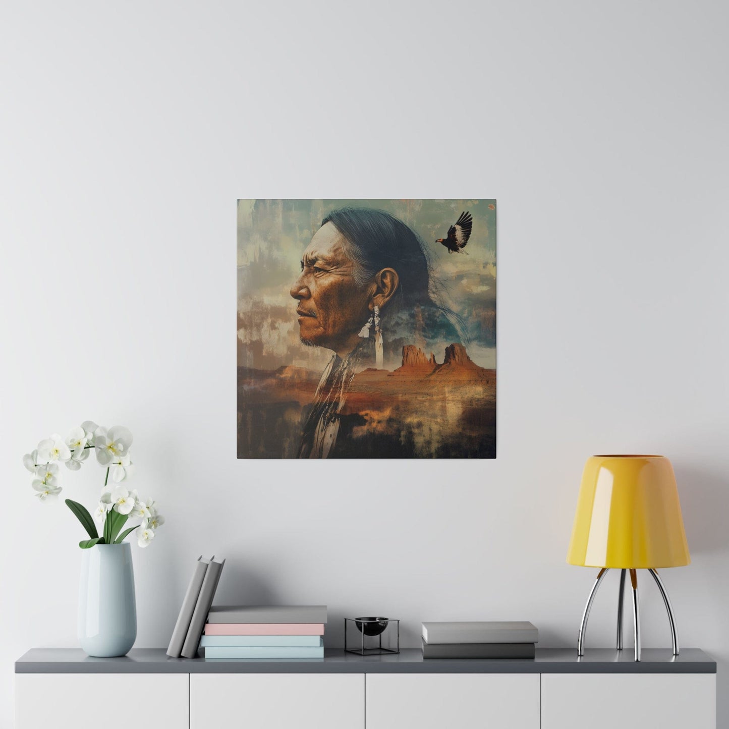 Matte Canvas, Stretched, 0.75" Silhouette of Indian Brave Imposed in front of Mountains