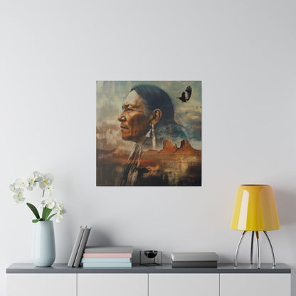 Matte Canvas, Stretched, 0.75" Silhouette of Indian Brave Imposed in front of Mountains