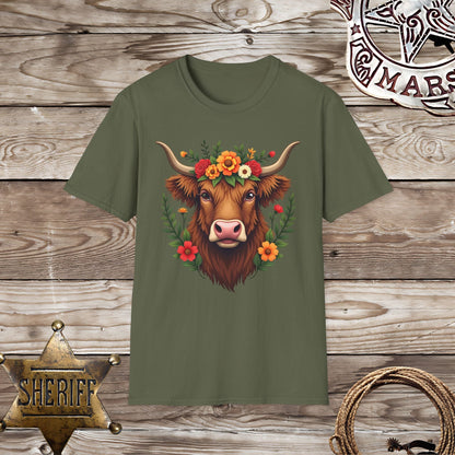 Softstyle Unisex T-Shirt-Highland cow with Flowers