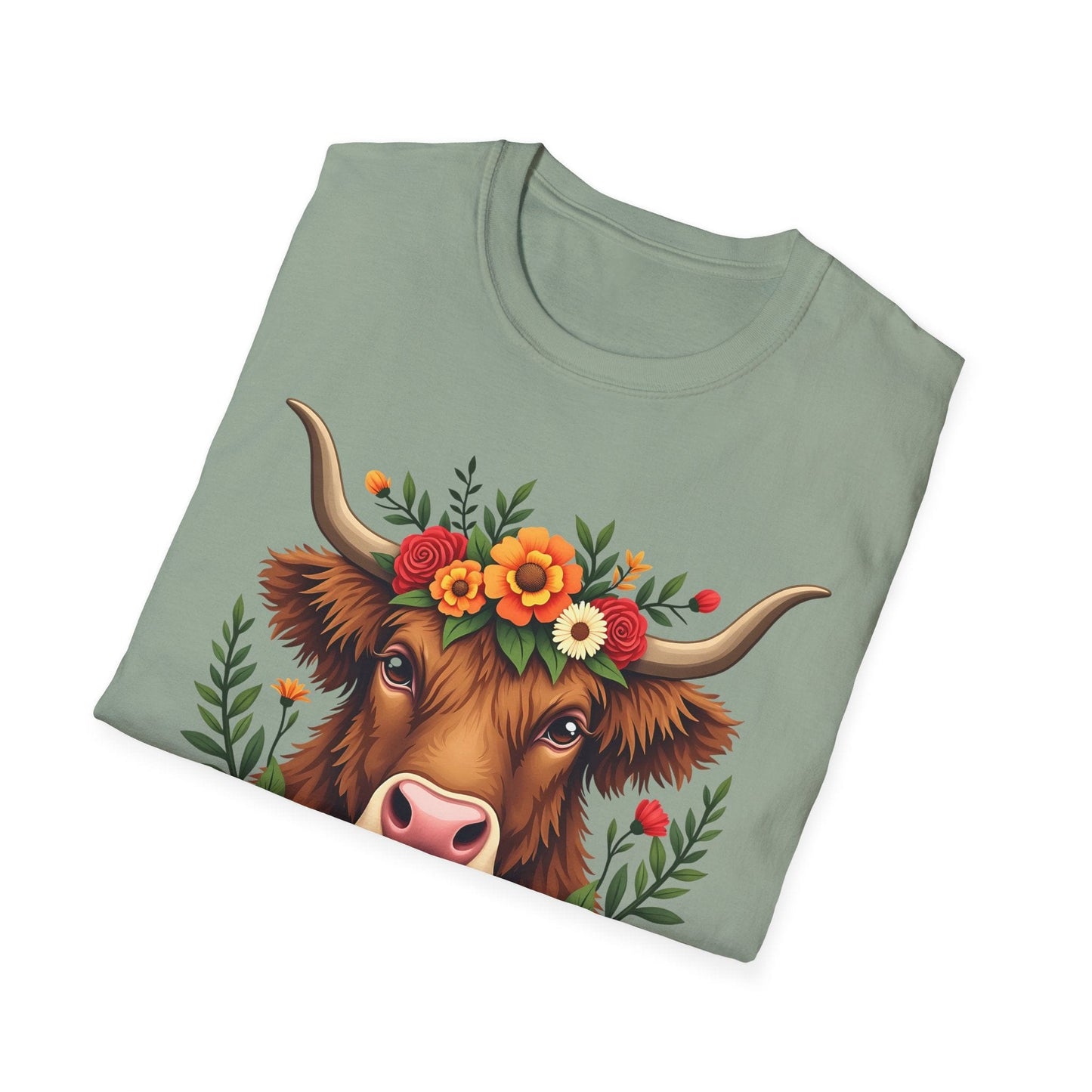 Softstyle Unisex T-Shirt-Highland cow with Flowers