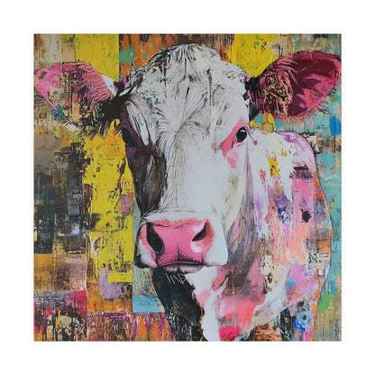 Matte Canvas, Stretched, 0.75"-White face cow with colorful body and background