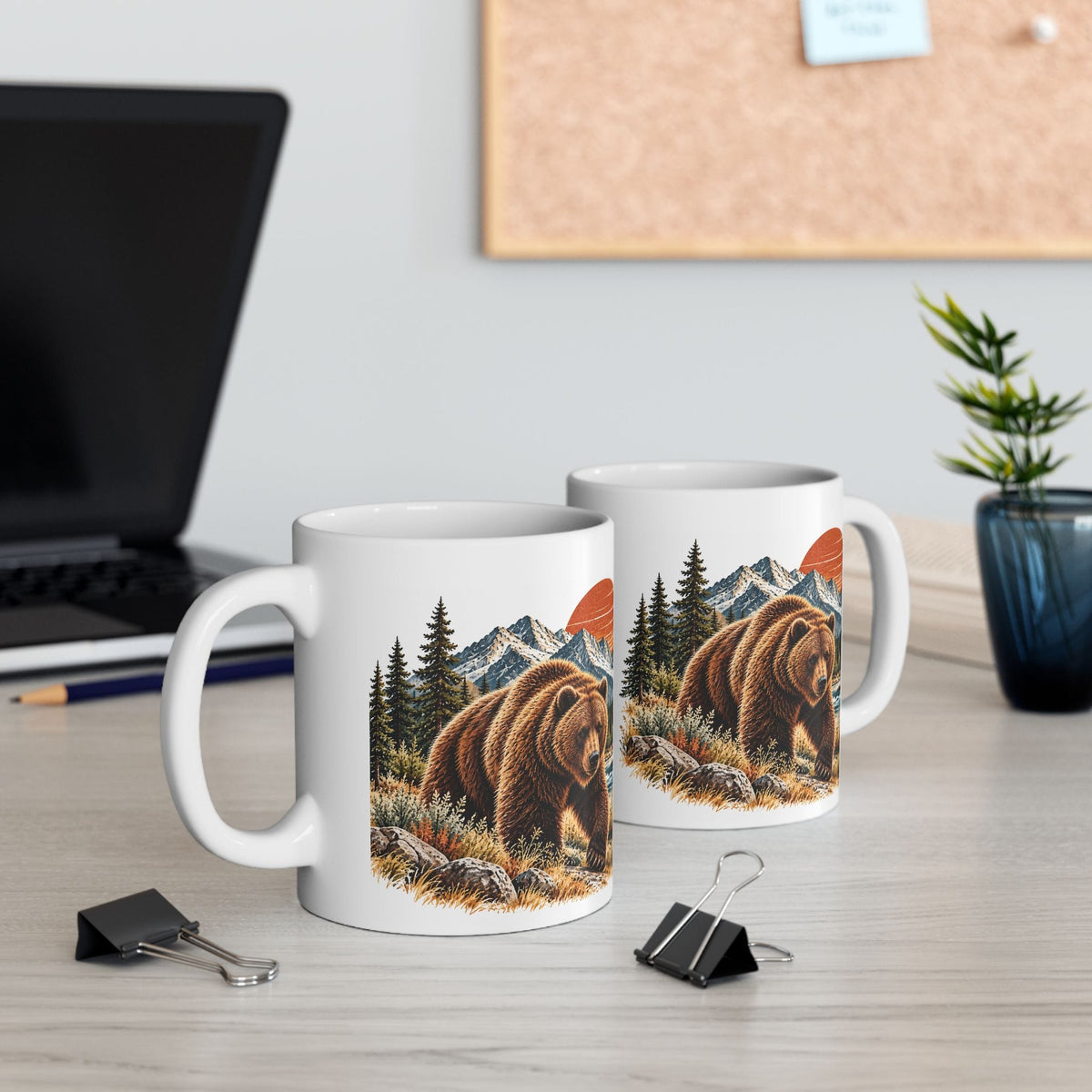 Bear Coffee Mug, Western Wildlife Mug, Rustic Mountain Bear Gift, Forest Sunset Ceramic Mug, 11 oz