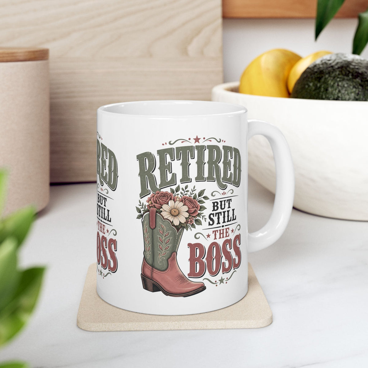 Retired But Still the Boss Mug, Funny Retirement Gift for Women, Western Cowgirl Coffee Mug, Cowboy Boot Gift, 11 oz