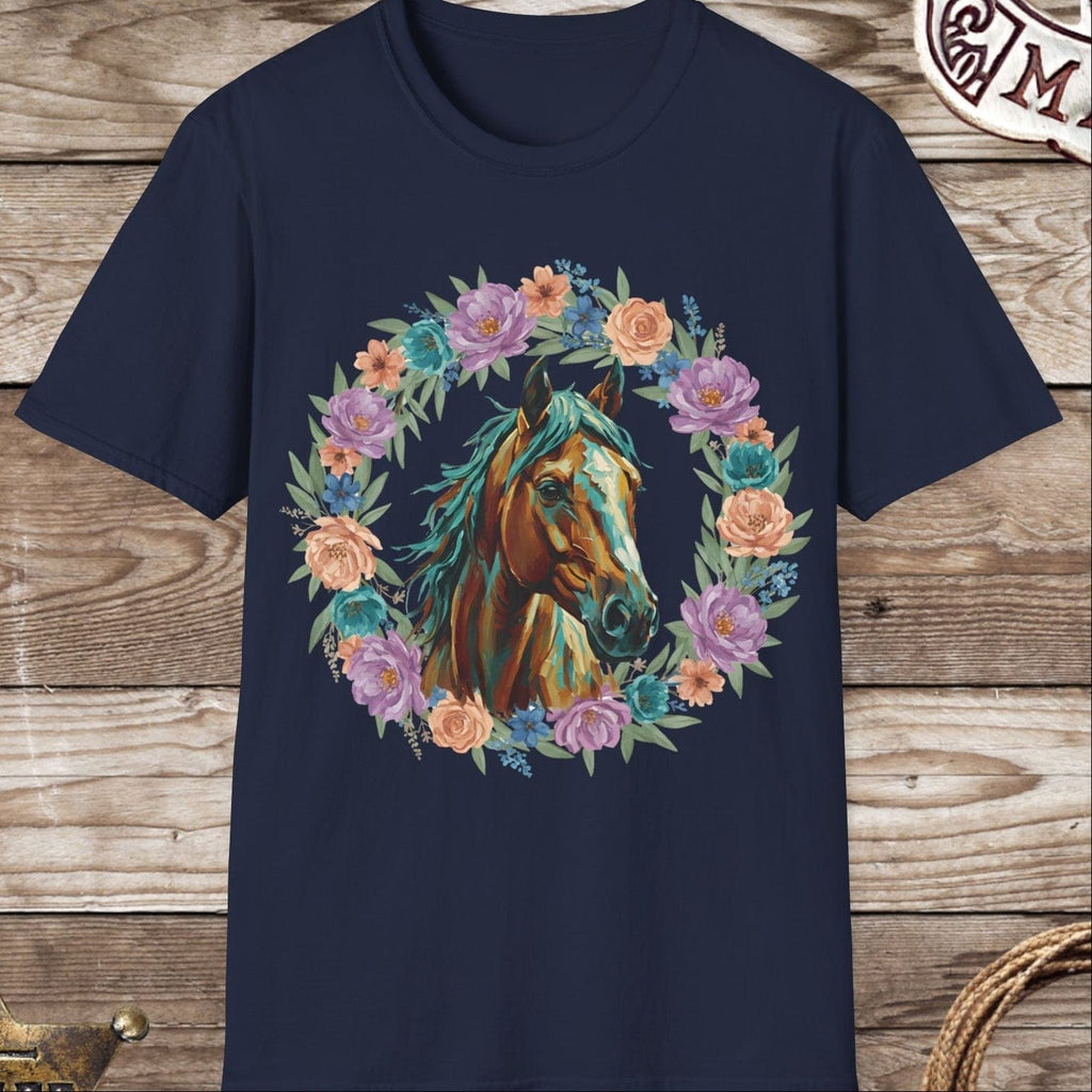 Horse Portrait Floral Wreath T-Shirt