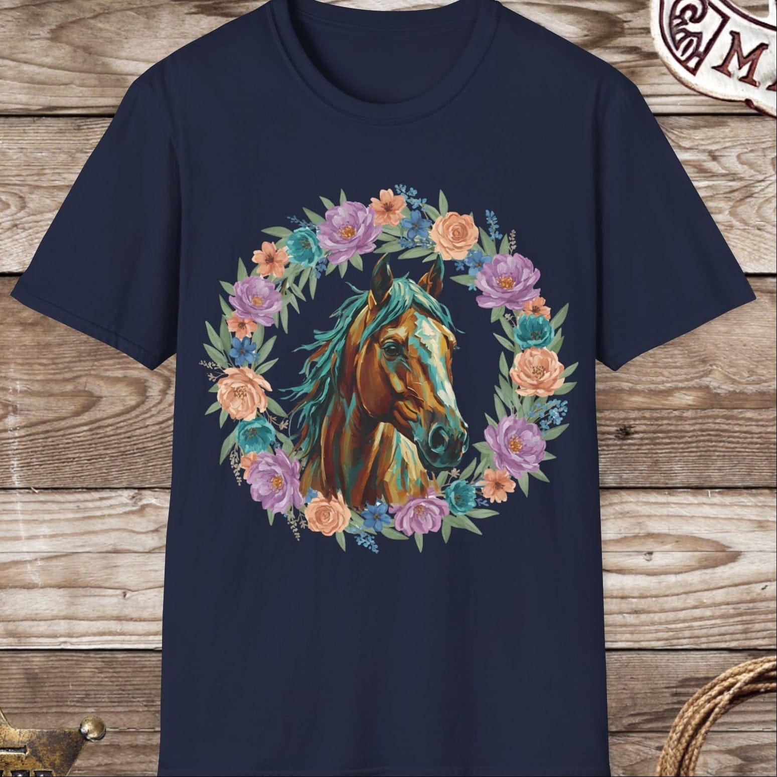 Horse Portrait Floral Wreath T-Shirt