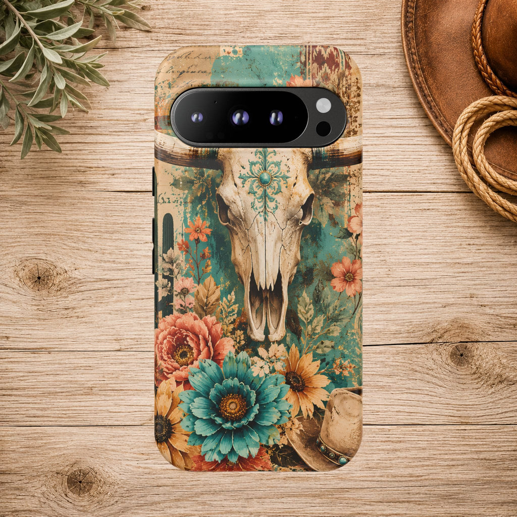 Turquoise Floral Longhorn Western Phone Case