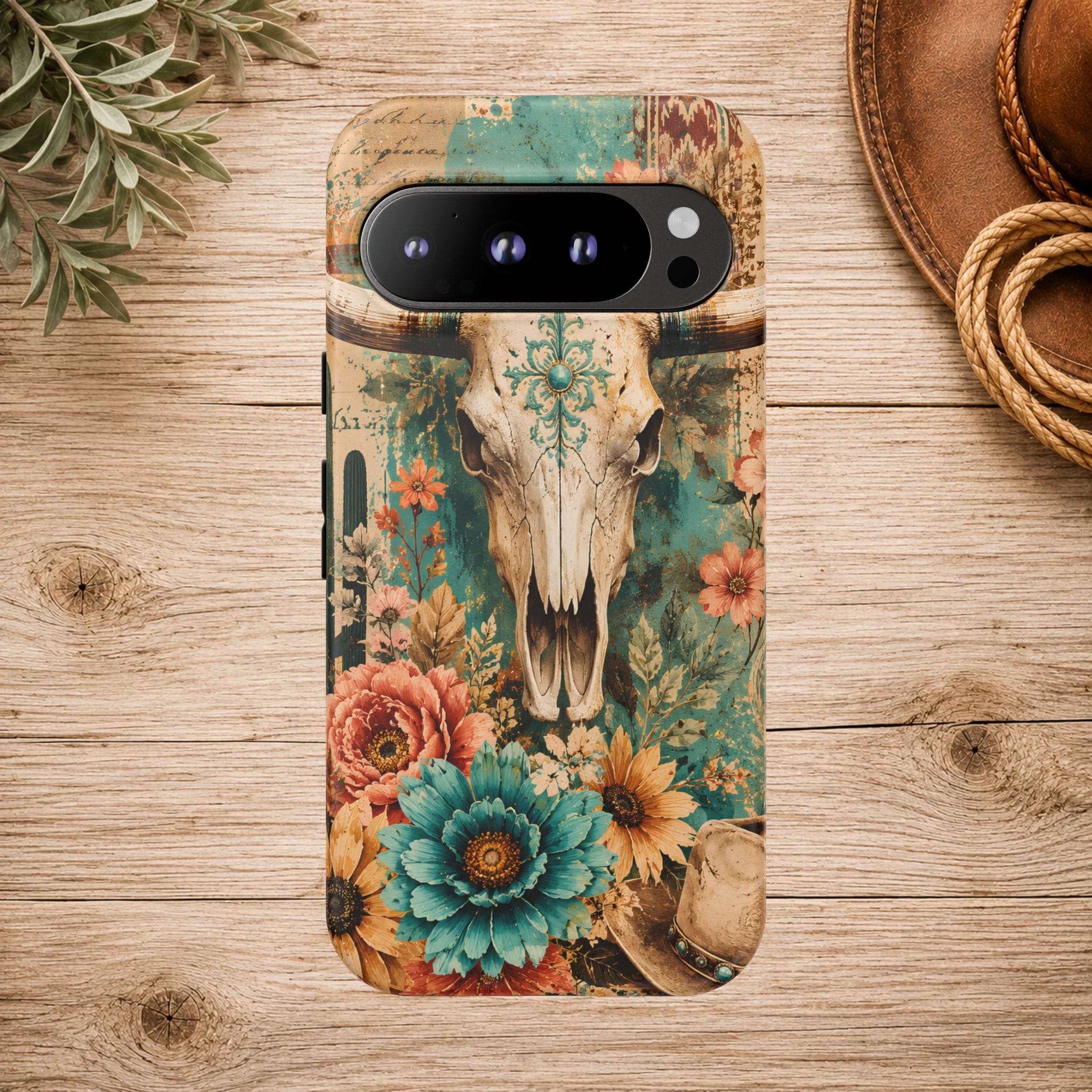 Turquoise Floral Longhorn Western Phone Case
