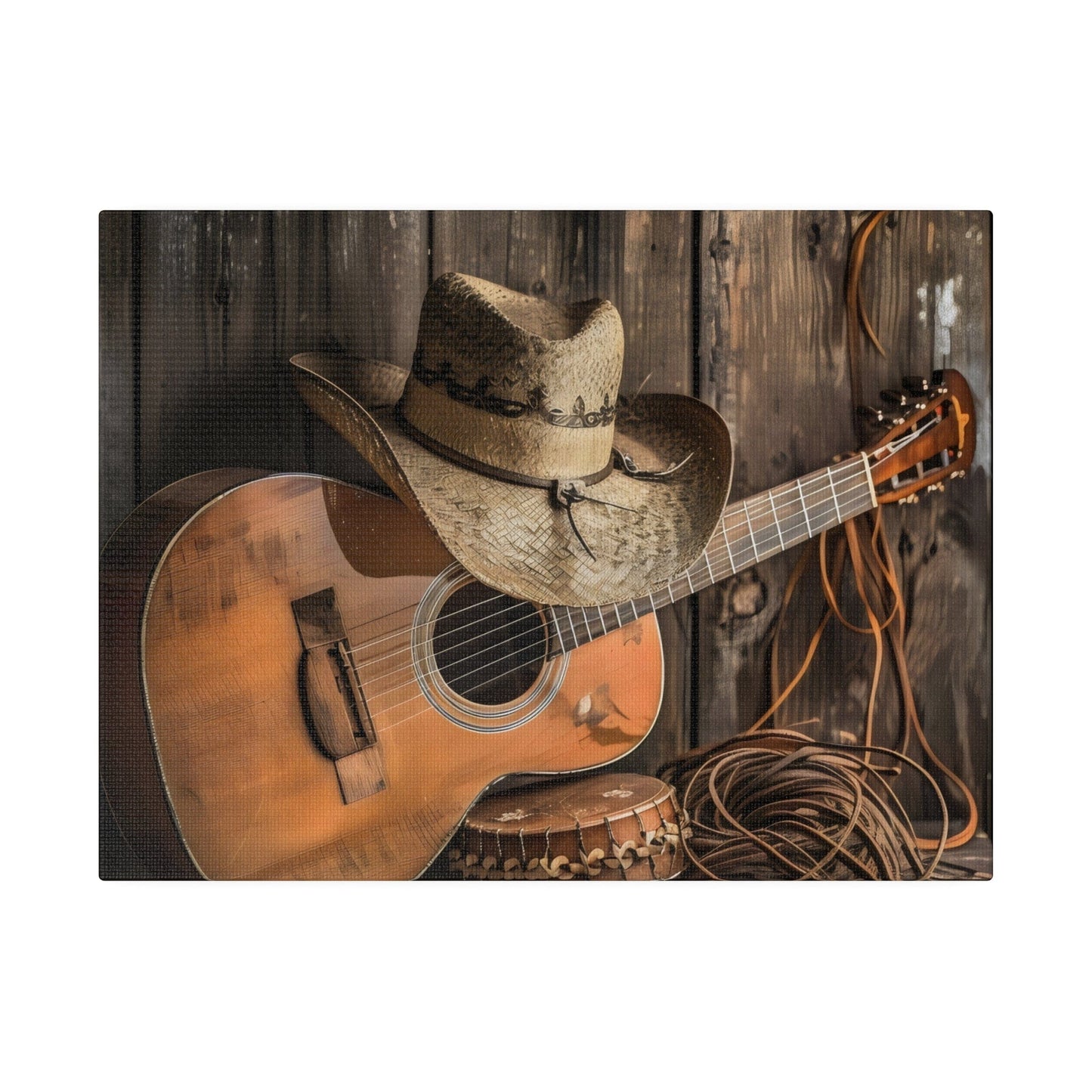 Matte Canvas, Stretched, 0.75"-Old Cowboy hat, Guitar,