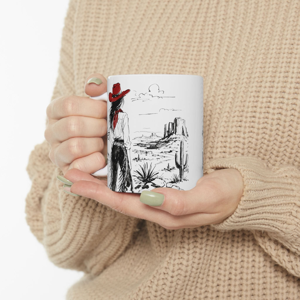 Red Hat Cowgirl Desert Sketch Coffee Mug