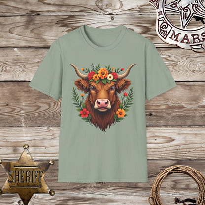 Softstyle Unisex T-Shirt-Highland cow with Flowers