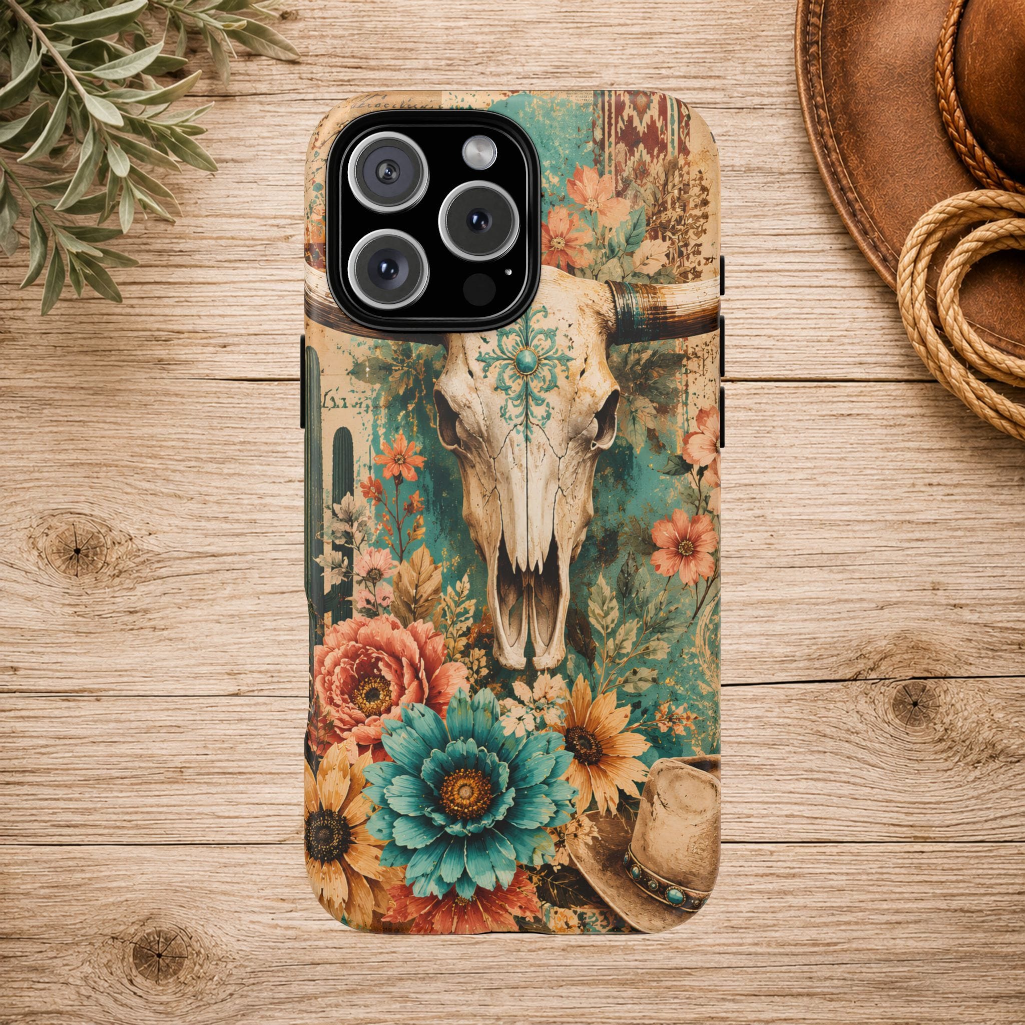 Turquoise Floral Longhorn Western Phone Case