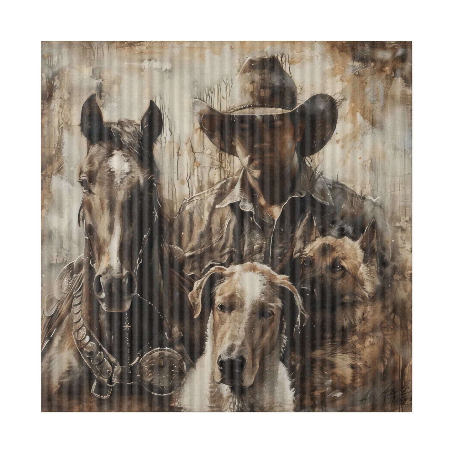 Matte Canvas, Stretched, 0.75" Cowboy with his best friends