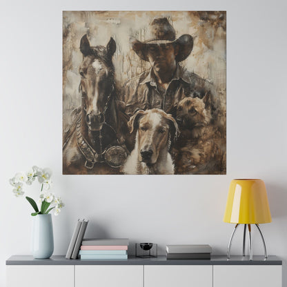 Matte Canvas, Stretched, 0.75" Cowboy with his best friends