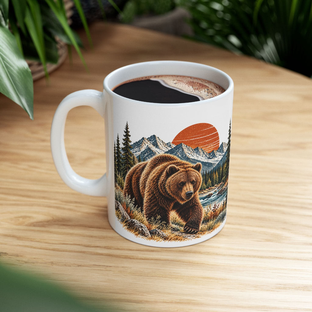 Bear Coffee Mug, Western Wildlife Mug, Rustic Mountain Bear Gift, Forest Sunset Ceramic Mug, 11 oz
