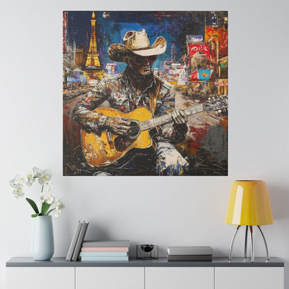 Matte Canvas, Stretched, 0.75"-Guitar Playing Cowboy with City in background