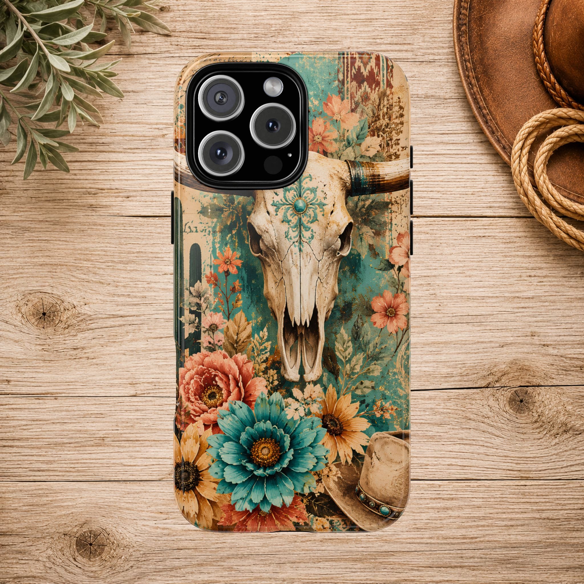 Turquoise Floral Longhorn Western Phone Case