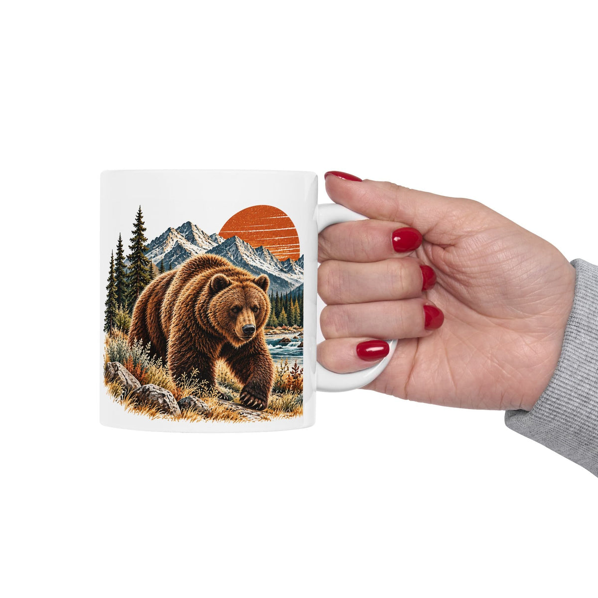 Bear Coffee Mug, Western Wildlife Mug, Rustic Mountain Bear Gift, Forest Sunset Ceramic Mug, 11 oz