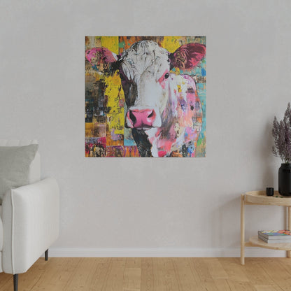 Matte Canvas, Stretched, 0.75"-White face cow with colorful body and background