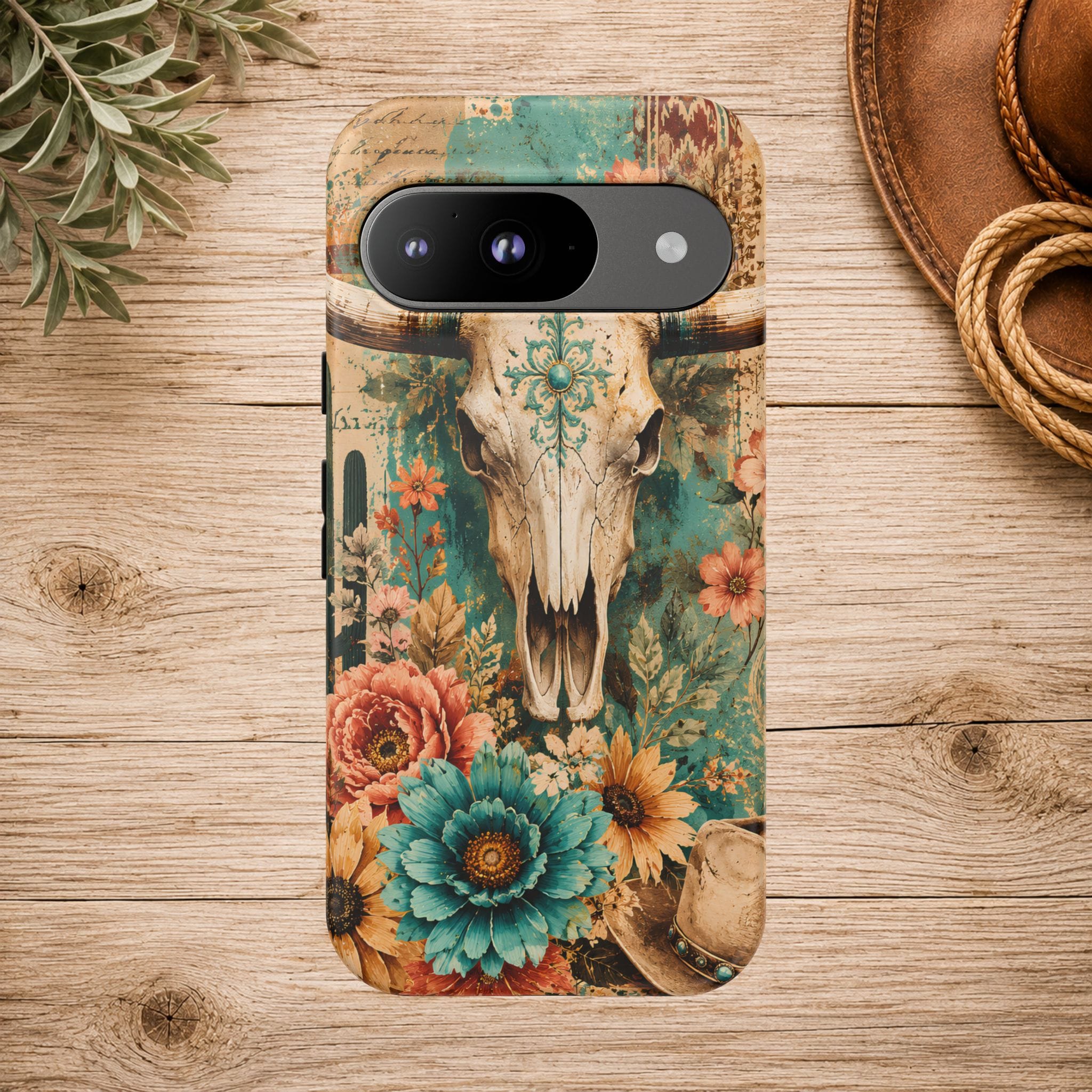 Turquoise Floral Longhorn Western Phone Case