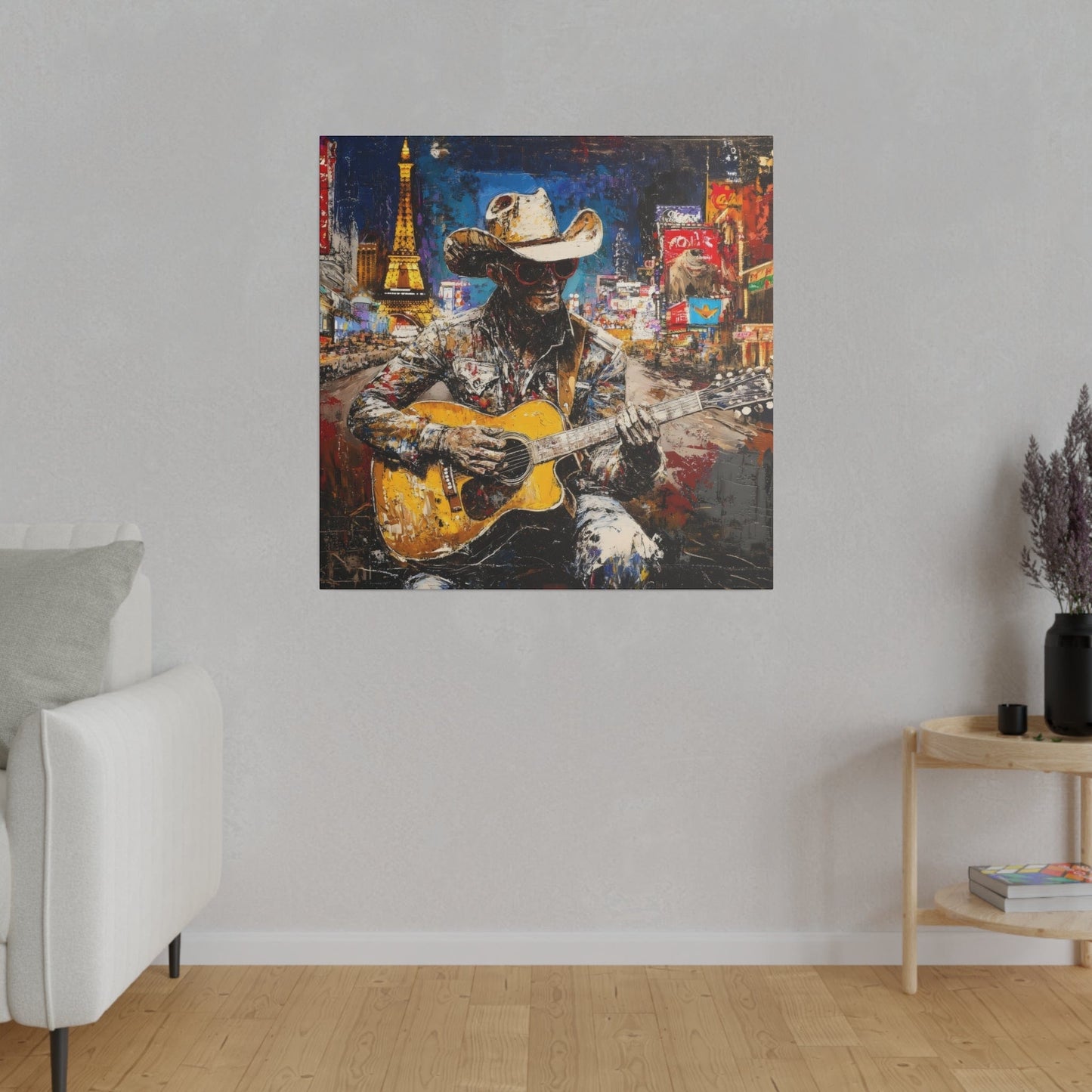 Matte Canvas, Stretched, 0.75"-Guitar Playing Cowboy with City in background