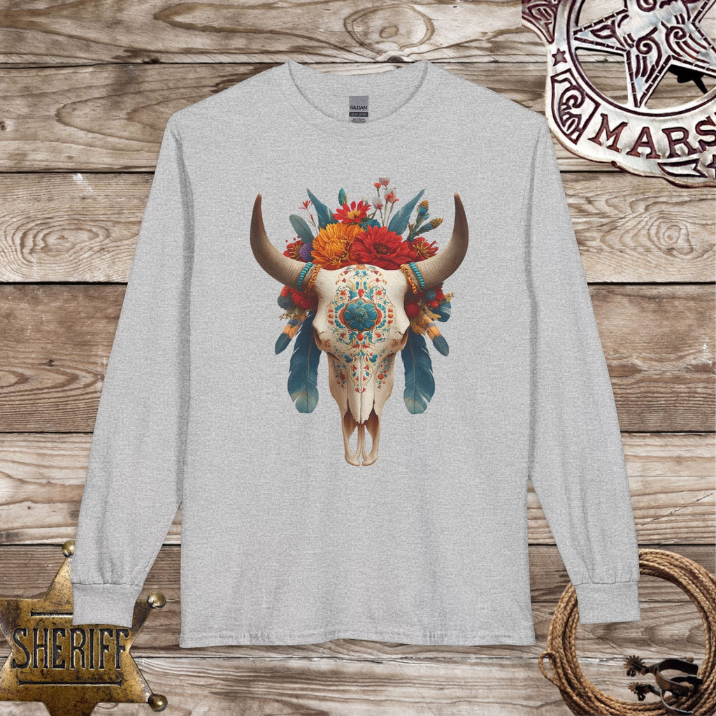 Boho Floral Longhorn Skull Long Sleeve Shirt