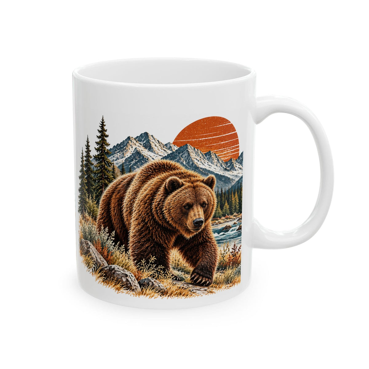 Bear Coffee Mug, Western Wildlife Mug, Rustic Mountain Bear Gift, Forest Sunset Ceramic Mug, 11 oz