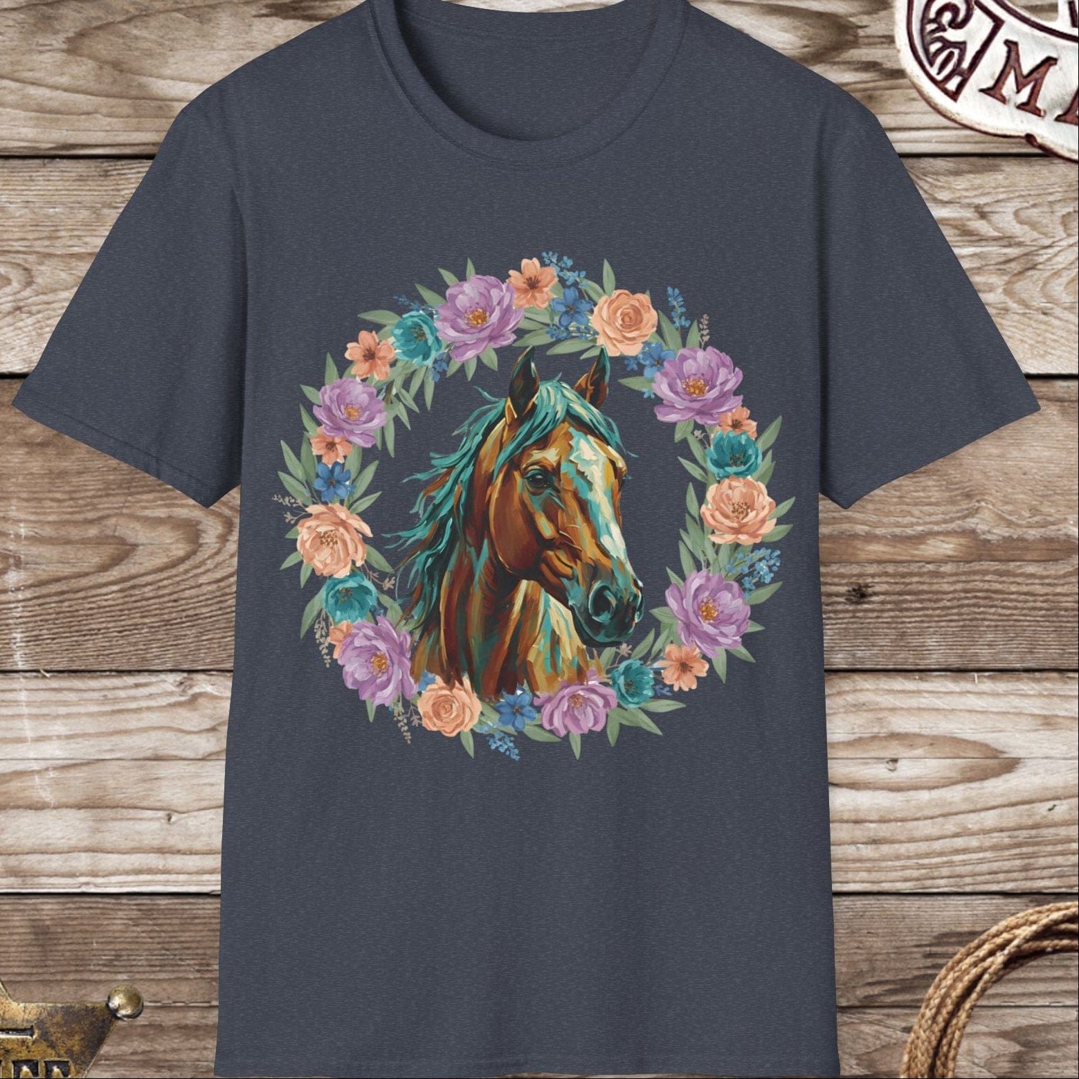 Horse Portrait Floral Wreath T-Shirt