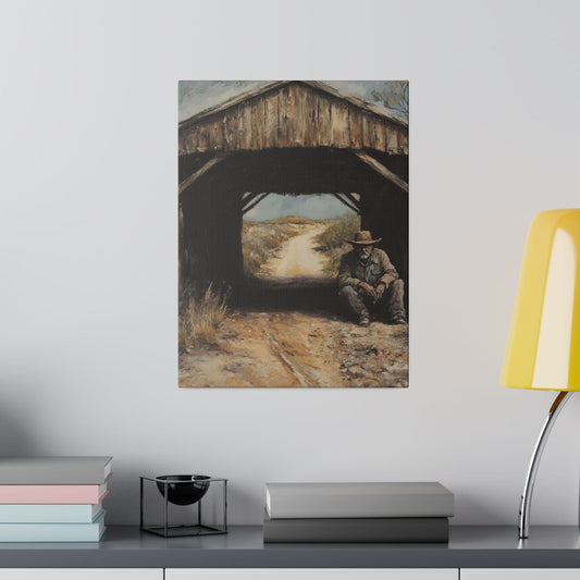 Canvas Print - Old Man Sitting on Stump by Covered Bridge