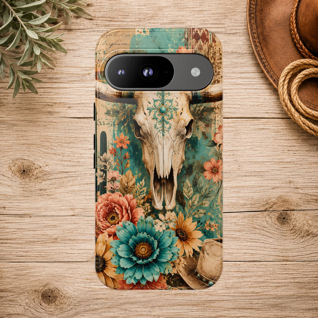 Turquoise Floral Longhorn Western Phone Case
