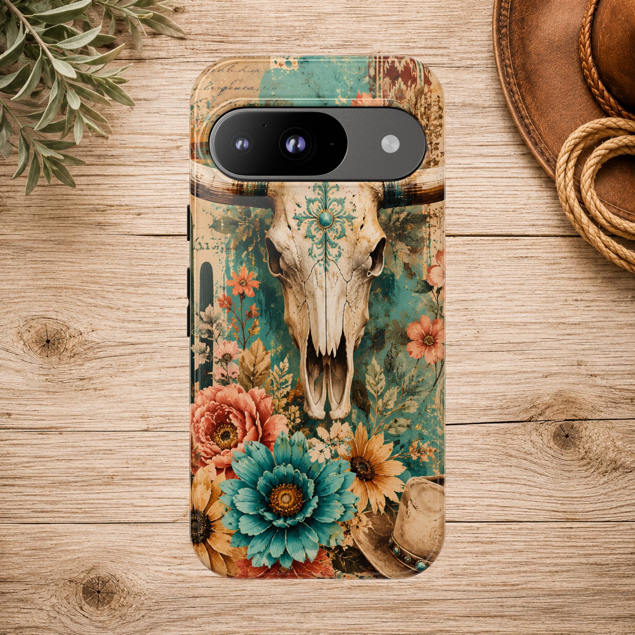 Turquoise Floral Longhorn Western Phone Case