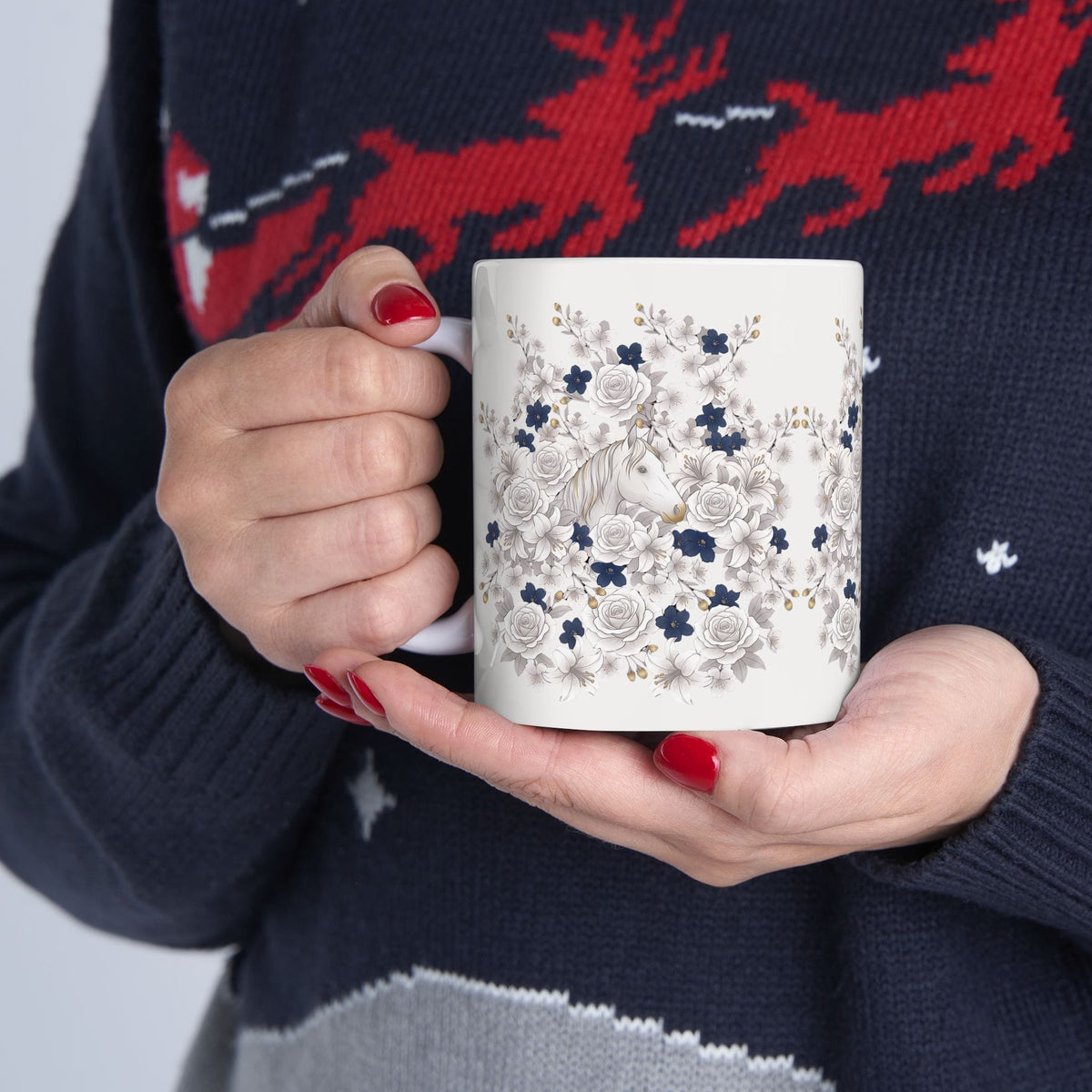 White Horse & Roses Floral Coffee Mug