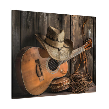 Matte Canvas, Stretched, 0.75"-Old Cowboy hat, Guitar,