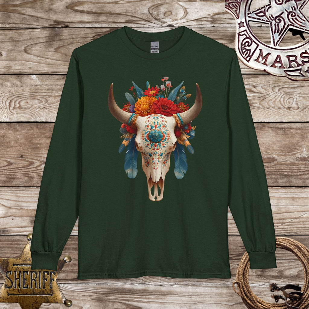 Boho Floral Longhorn Skull Long Sleeve Shirt