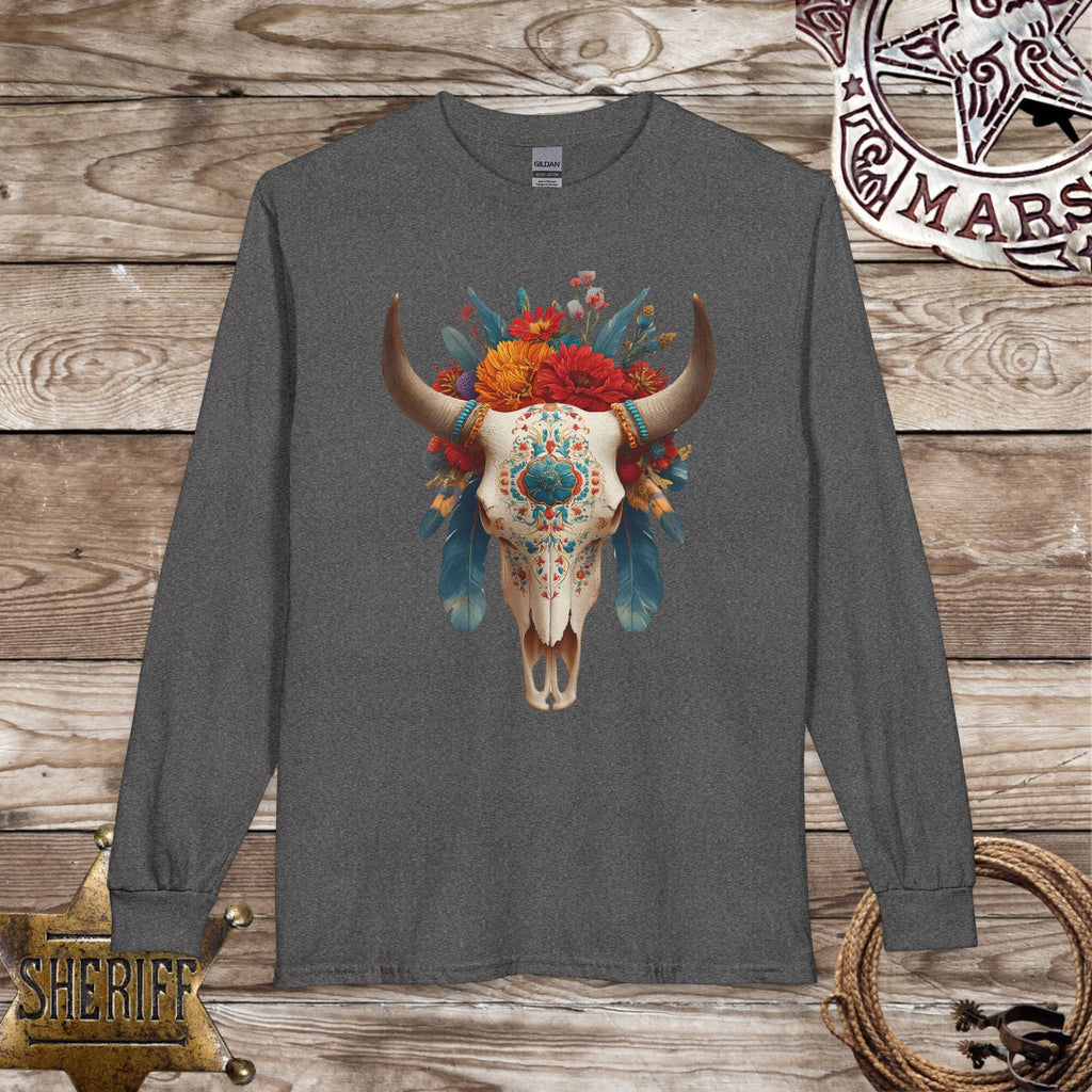 Boho Floral Longhorn Skull Long Sleeve Shirt