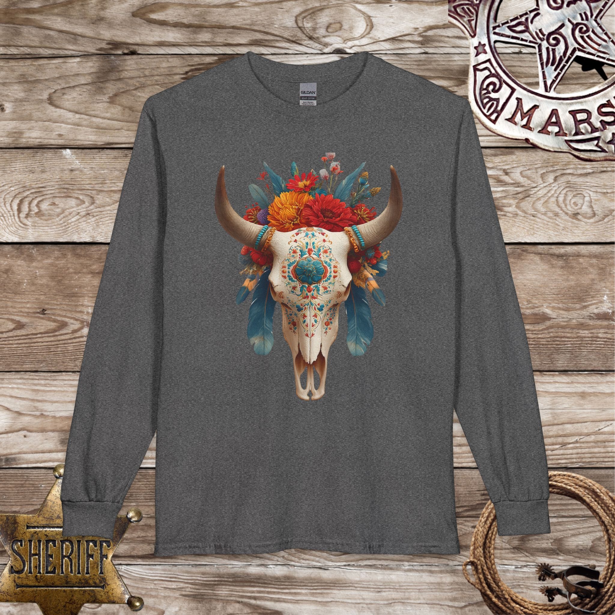 Boho Floral Longhorn Skull Long Sleeve Shirt