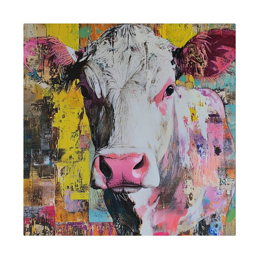 Matte Canvas, Stretched, 0.75"-White face cow with colorful body and background