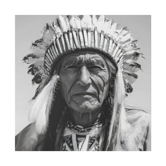 Matte Canvas, Stretched, 0.75"- Black and white Old Indian Chief Face