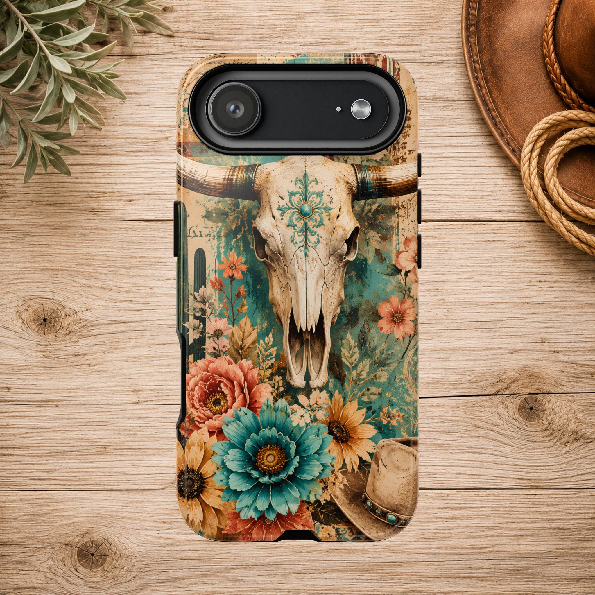 Turquoise Floral Longhorn Western Phone Case