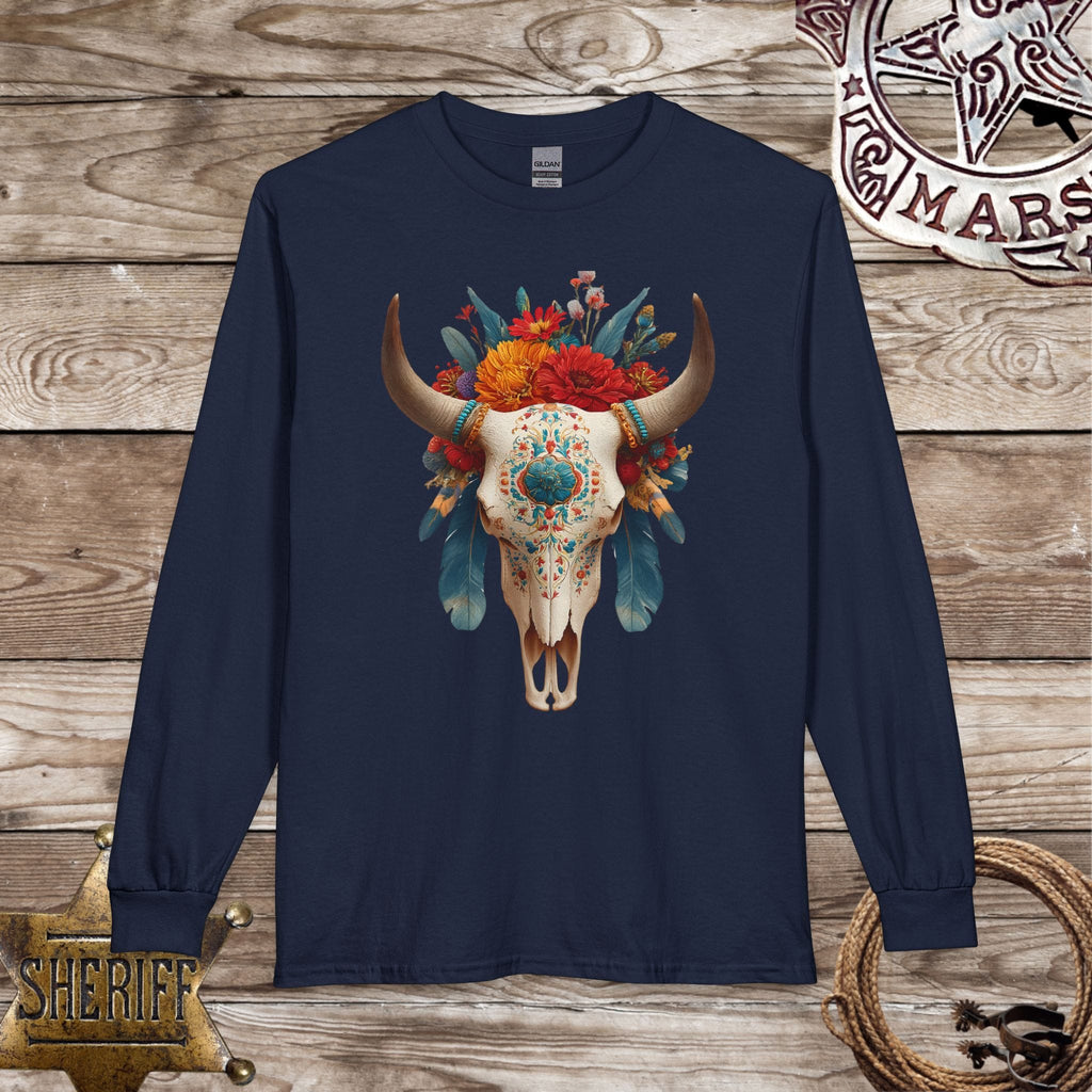 Boho Floral Longhorn Skull Long Sleeve Shirt