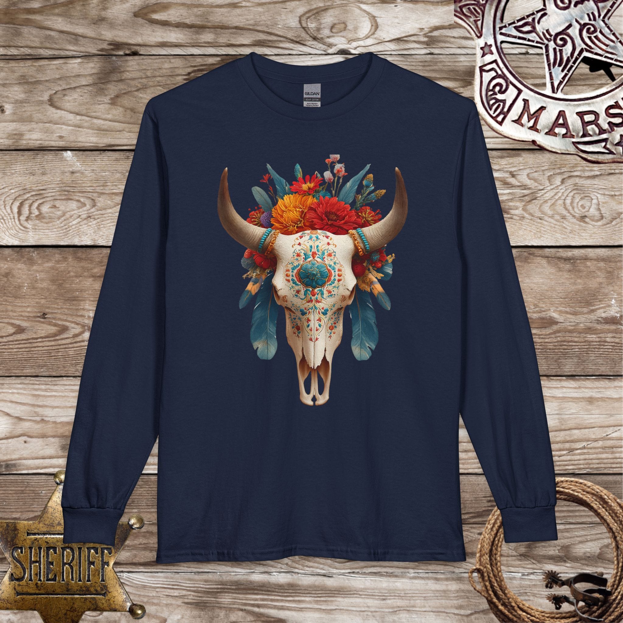 Boho Floral Longhorn Skull Long Sleeve Shirt