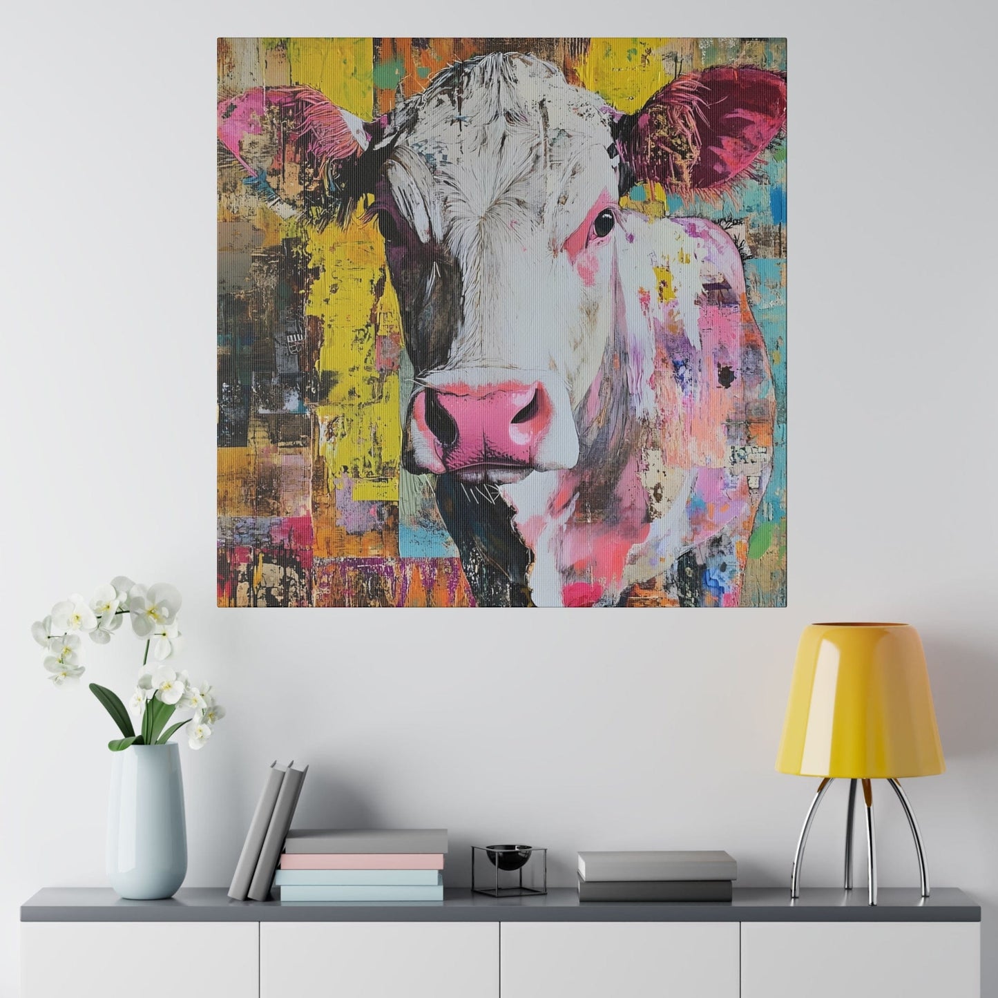 Matte Canvas, Stretched, 0.75"-White face cow with colorful body and background