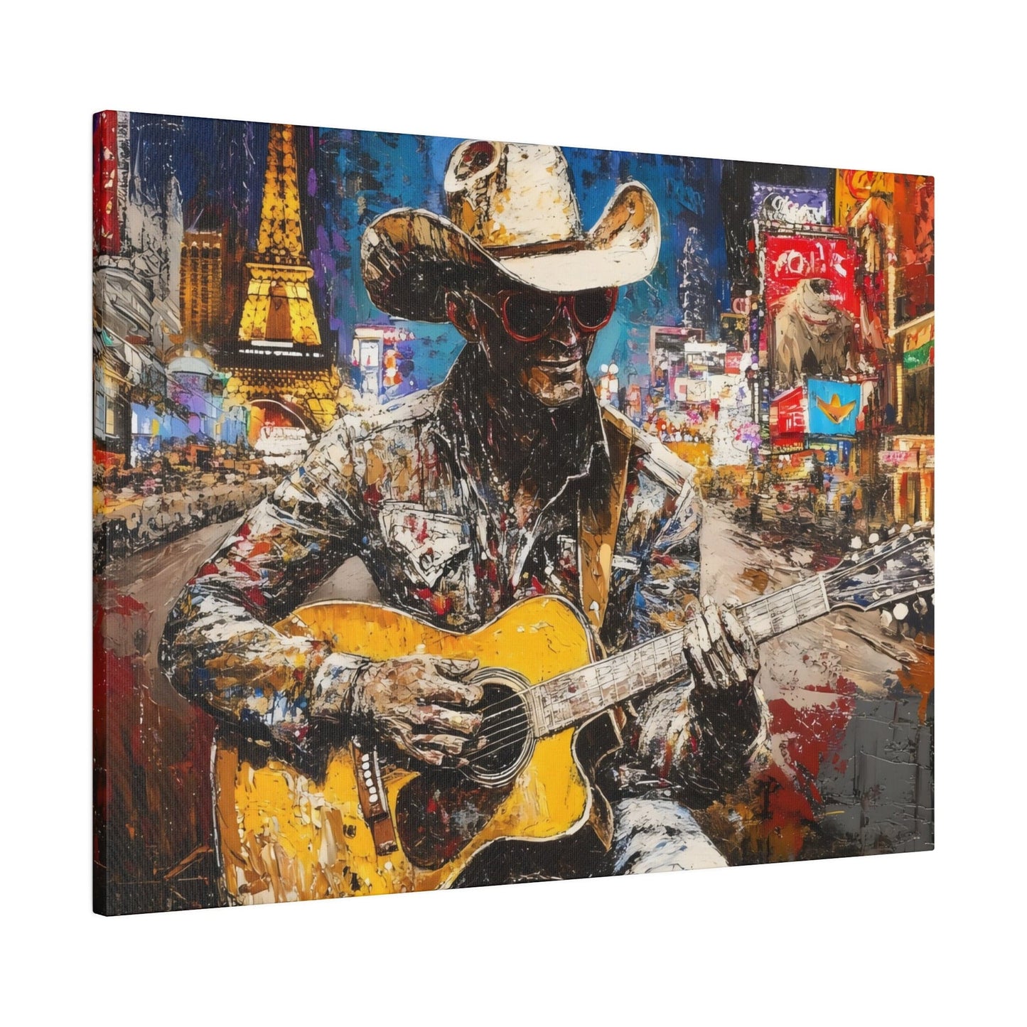 Matte Canvas, Stretched, 0.75"-Guitar Playing Cowboy with City in background