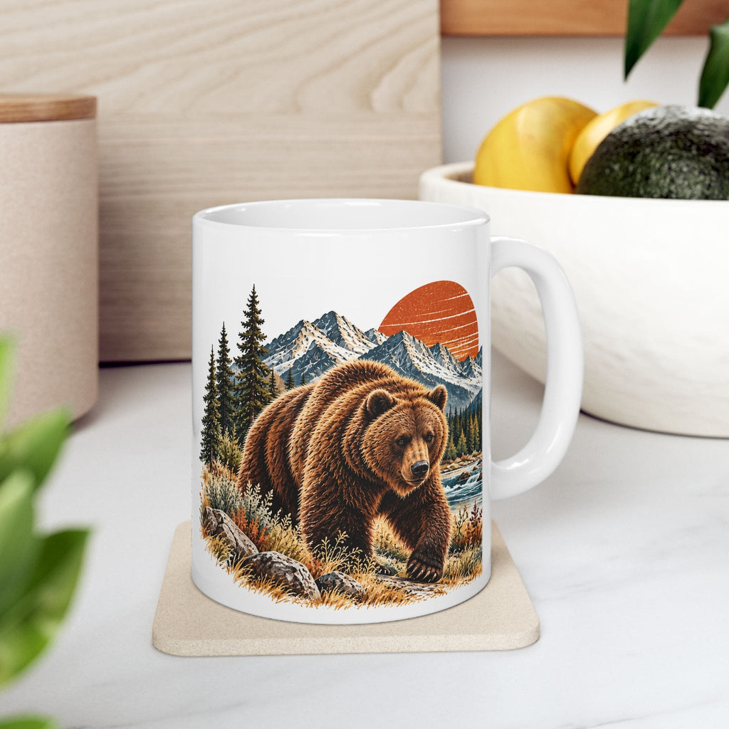 Bear Coffee Mug, Western Wildlife Mug, Rustic Mountain Bear Gift, Forest Sunset Ceramic Mug, 11 oz