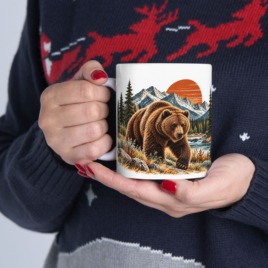 Bear Coffee Mug, Western Wildlife Mug, Rustic Mountain Bear Gift, Forest Sunset Ceramic Mug, 11 oz
