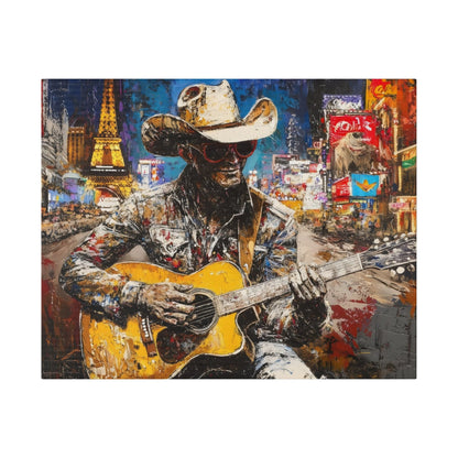 Matte Canvas, Stretched, 0.75"-Guitar Playing Cowboy with City in background