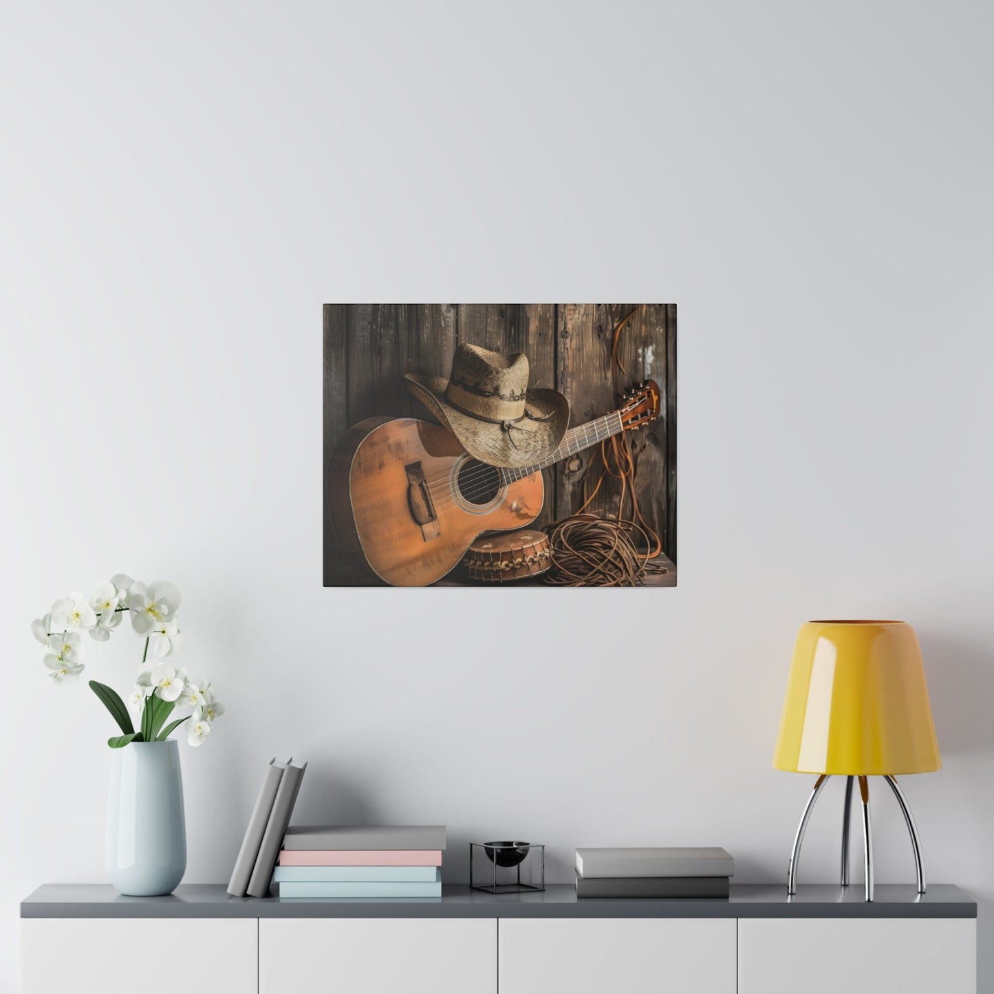 Matte Canvas, Stretched, 0.75"-Old Cowboy hat, Guitar,