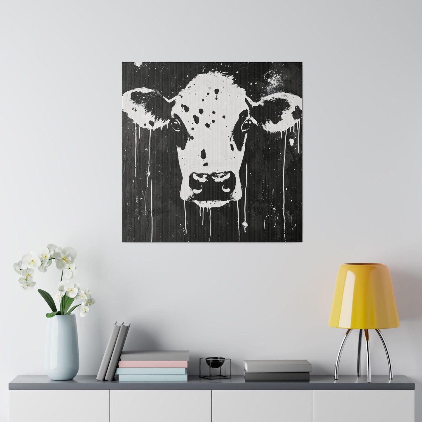 Matte Canvas, Stretched, 0.75"-Black and White print of Cow's head